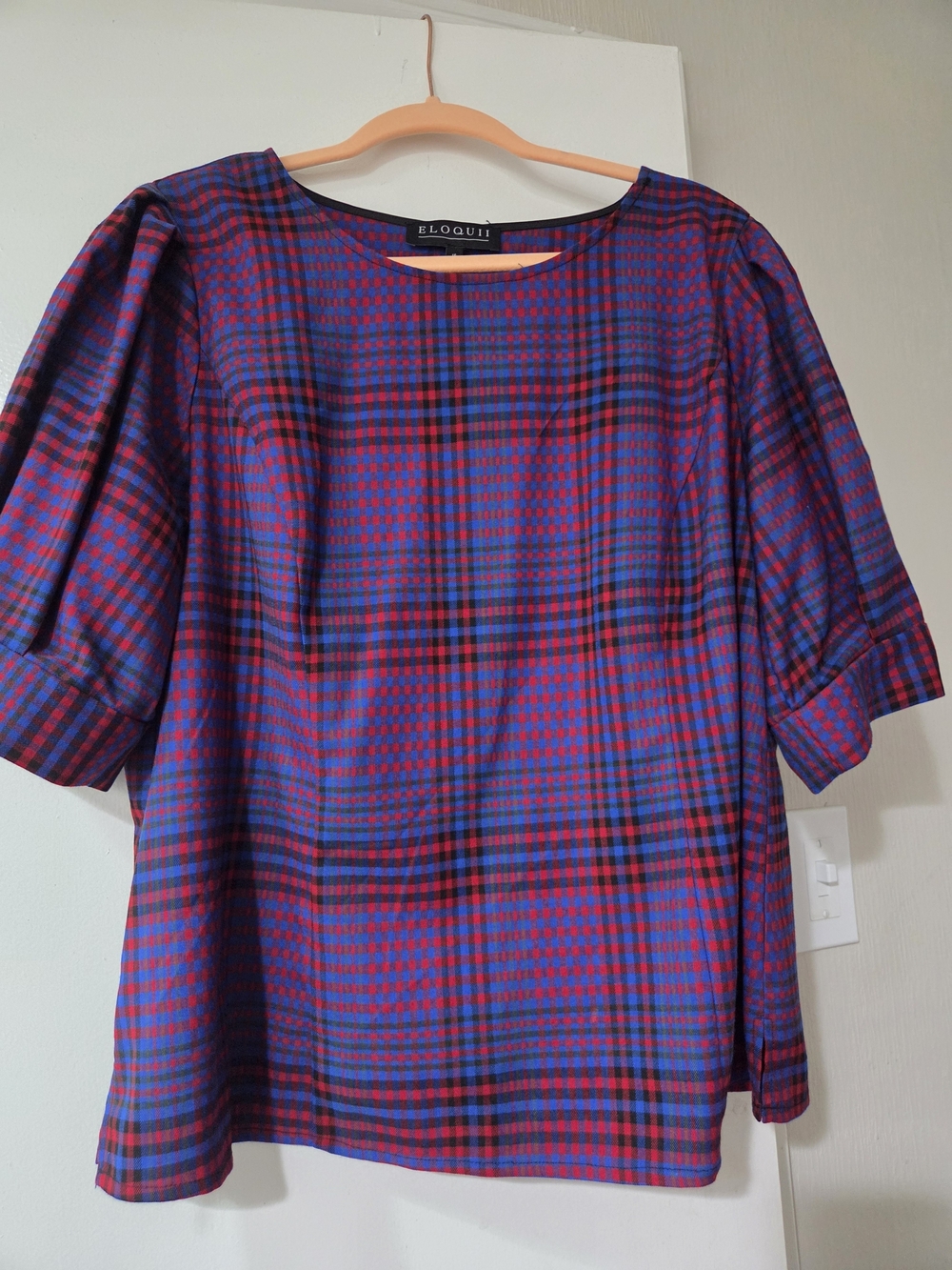 Eloquii Blue and Red Plaid Puff Sleeve Blouse